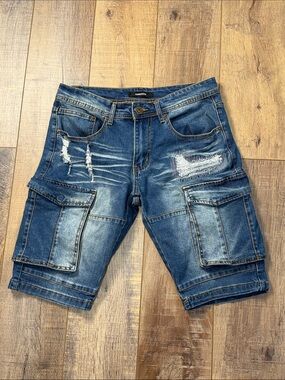 Kindred Men's Distressed Blue Denim Cargo Shorts Size 30